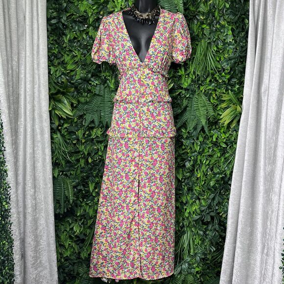 TOPSHOP Dress Women 8 Pink Yellow Floral Maxi Ruffle V Neck Boho Open Back‎ 2302 - Picture 1 of 11